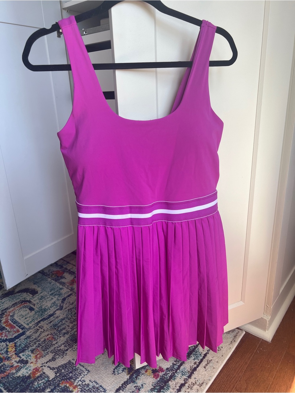 Fuchsia Pleated Tennis Dress with White Waist Stripes